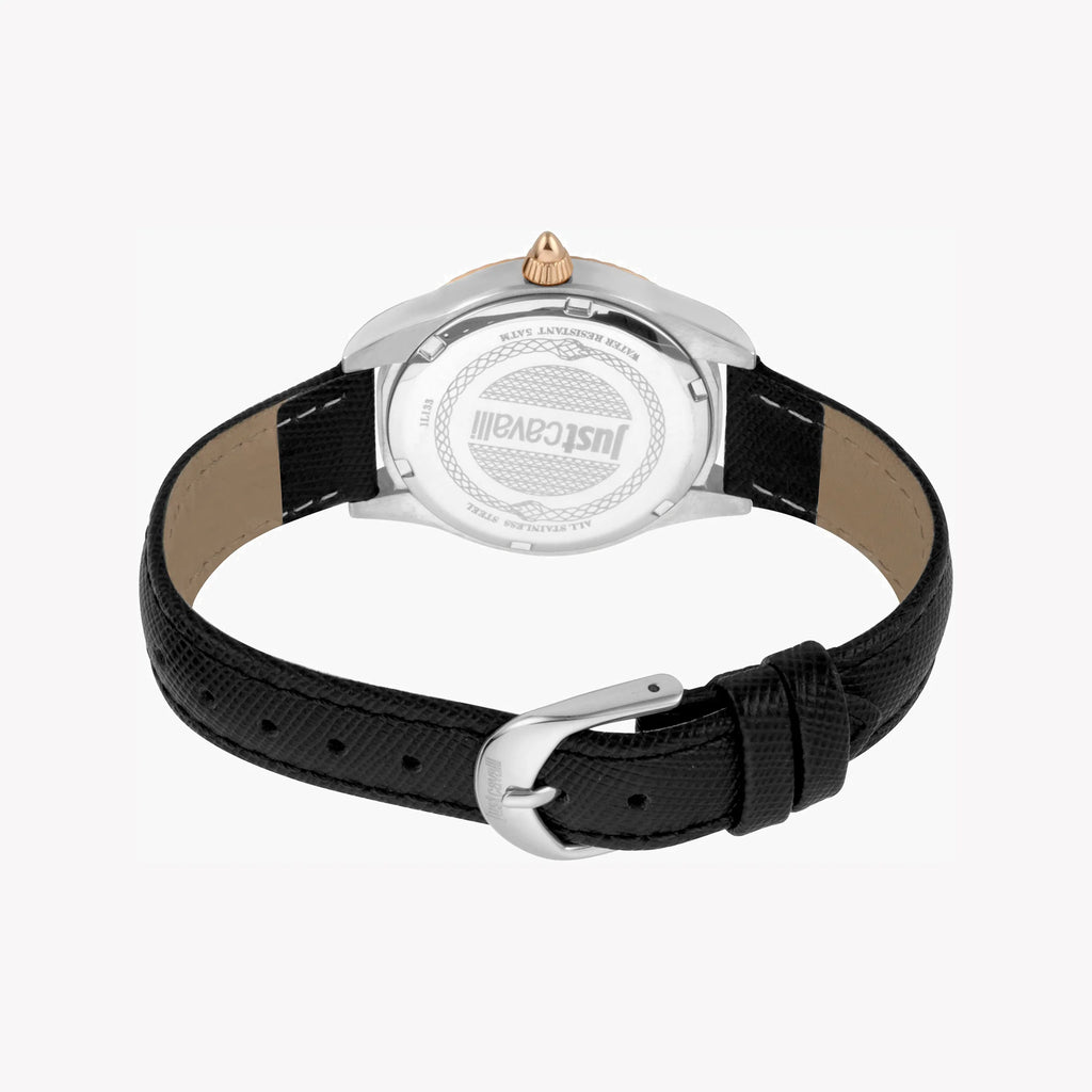 JUST CAVALLI Women's Watch with Silver Stainless Steel Case and Black Leather Band