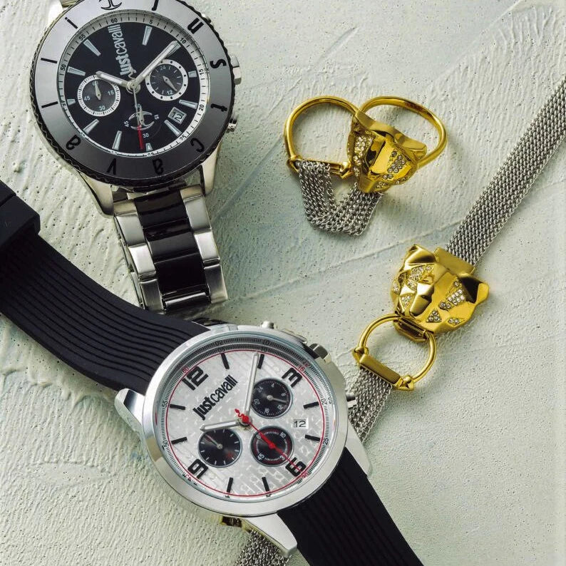 JUST CAVALLI JC1G175P0015 - ELEGANT SILVER DIAL MEN'S WATCH WITH BLACK SILICONE BAND