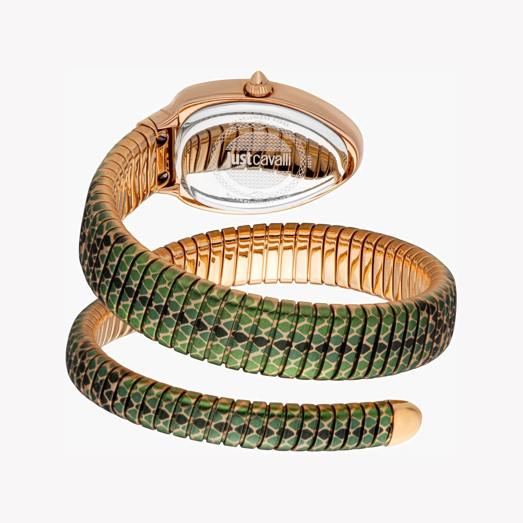 JUST CAVALLI Women's Watch with Rose Gold Stainless Steel Case and Green & Rose Gold & Black Stainless Steel Band