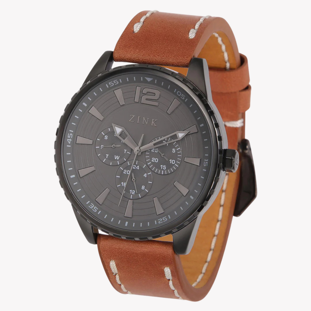 ZINK Men's Black Stainless Steel & Brown Leather Watch | ZK131G2LS-92
