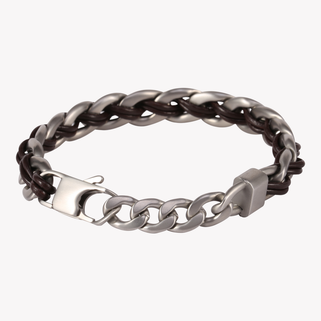 ZINK Men's Silver & Brown Stainless Steel & Leather Bracelet | ZJBC008SLBW