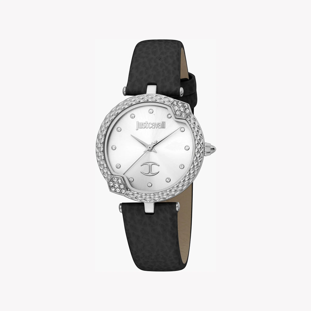 JUST CAVALLI Women's Watch with Silver Stainless Steel Case and Black Leather Band
