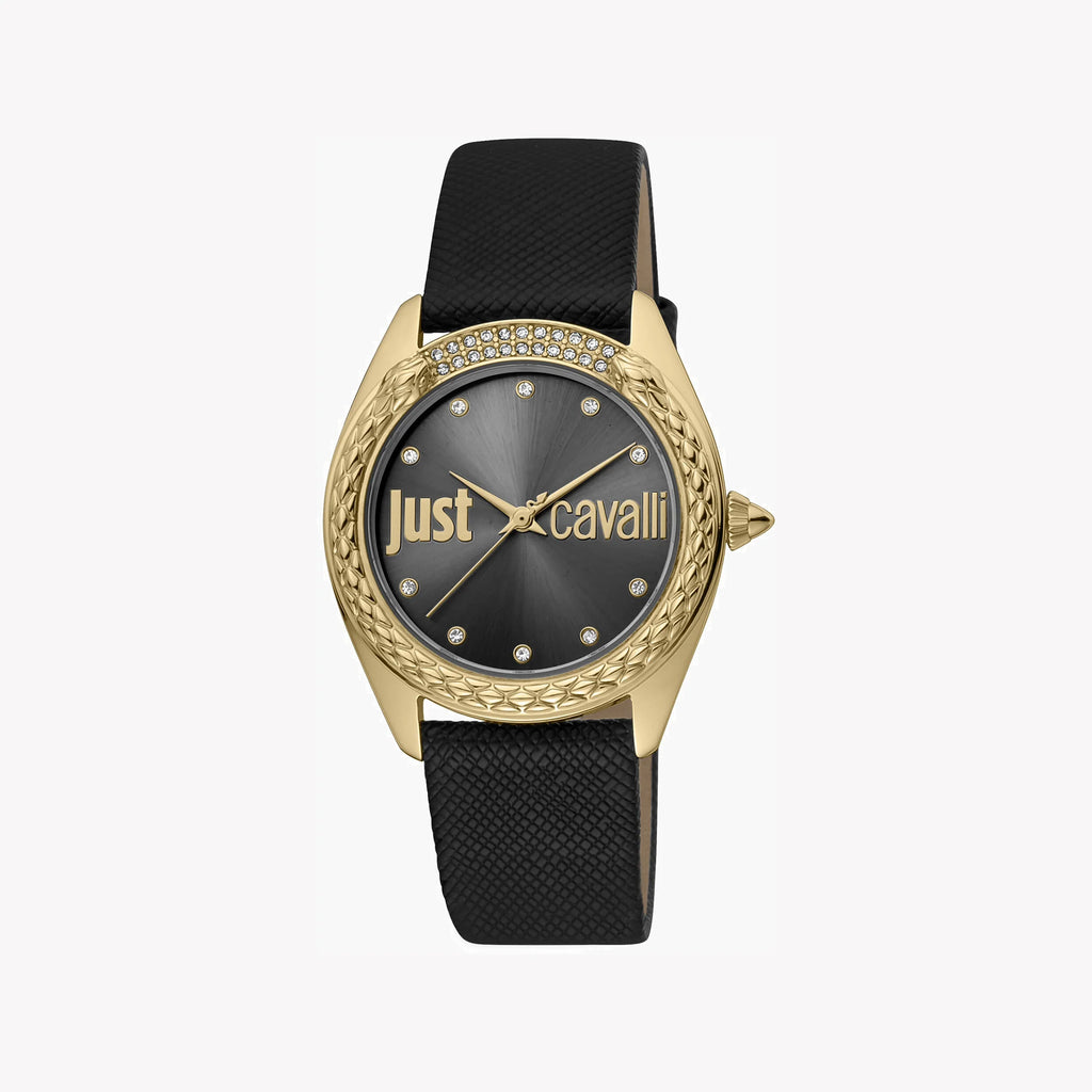 JUST CAVALLI Women's Watch with Gold Stainless Steel Case and Black Leather Band