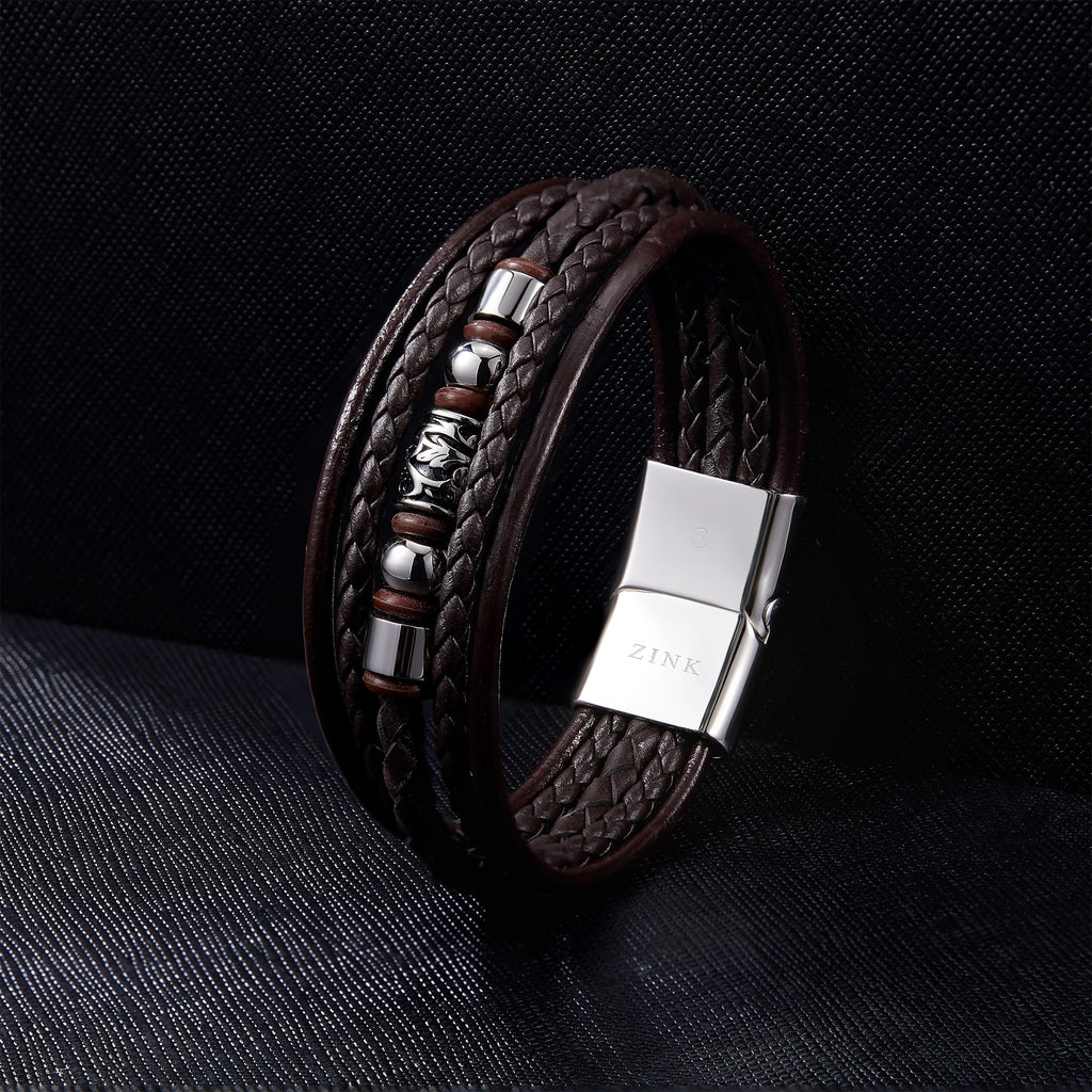 ZINK Men's Brown Stainless Steel & Leather Bracelet | ZJBC019LPBR