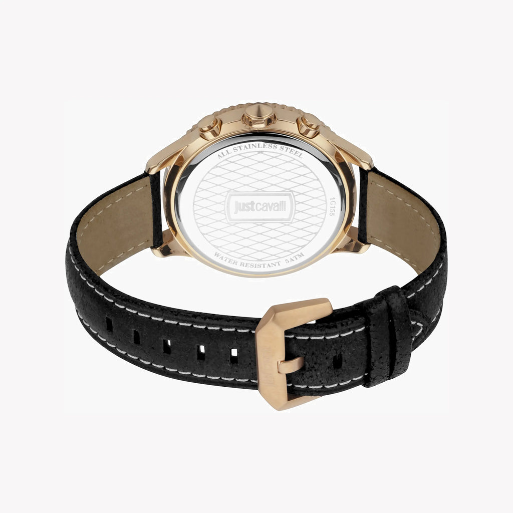 JUST CAVALLI BLACK ROSE GOLD MASTERPIECE - ELEGANT MEN'S WATCH WITH LEATHER BAND