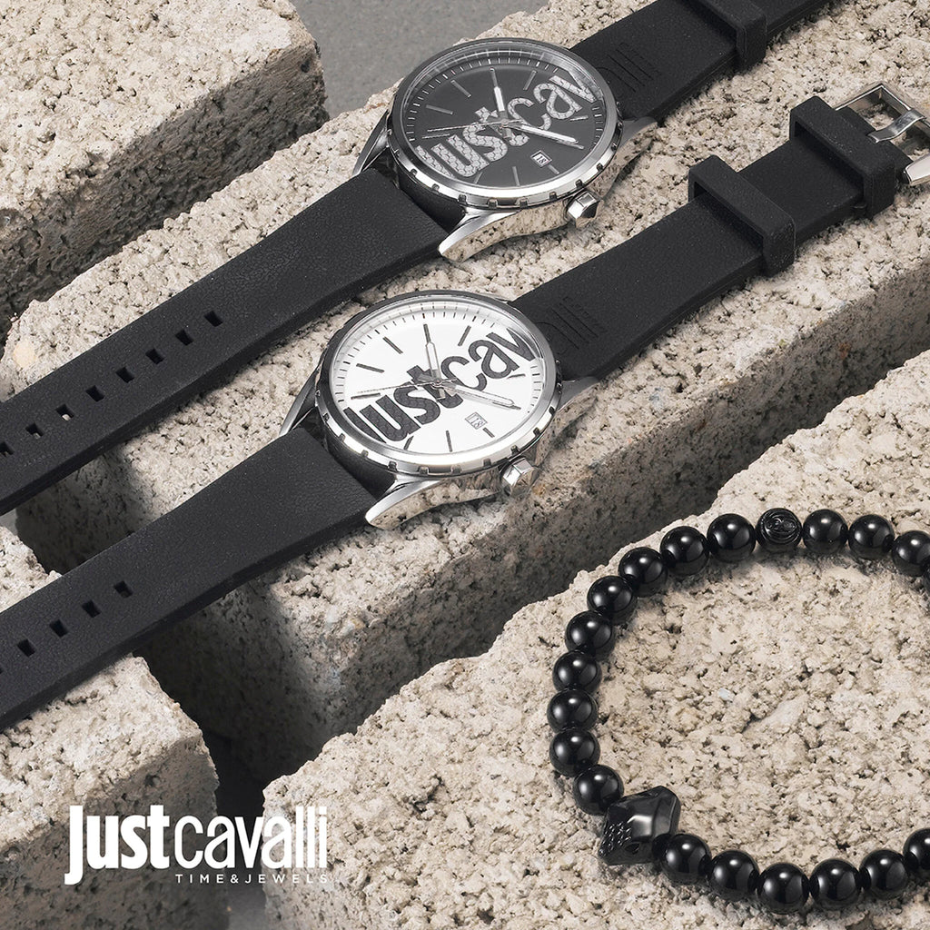 JUST CAVALLI JC1G082P0025 MEN'S WATCH - ELEGANT SILVER & BLACK SILICONE TIMEPIECE