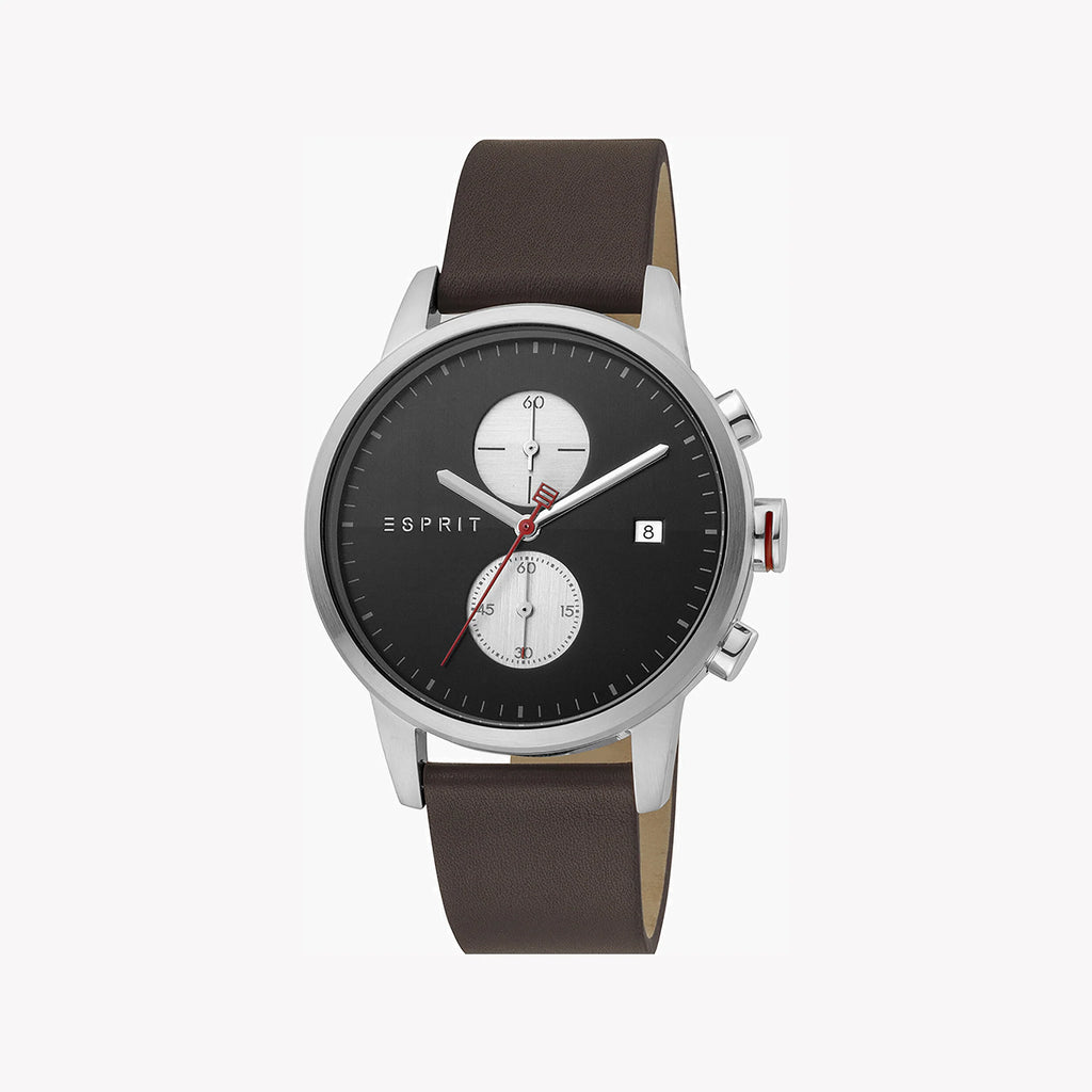ESPRIT MEN'S ELEGANCE - STUNNING BROWN LEATHER & BLACK DIAL STAINLESS STEEL WATCH