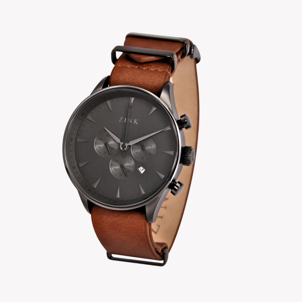 ZINK Men's Stainless Steel Black Watch - Brown Leather | ZK127G2LS-22
