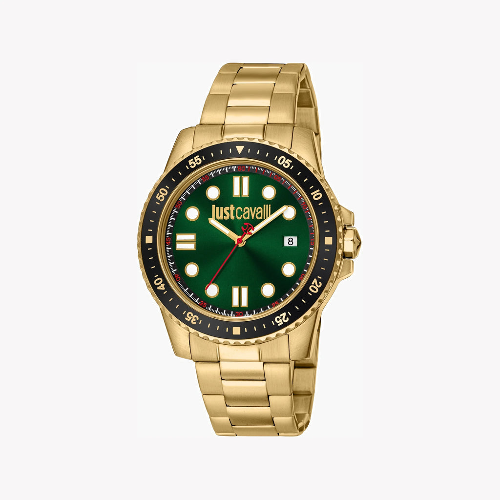JUST CAVALLI GOLD STAINLESS STEEL MEN'S WATCH - ELEGANT GREEN DIAL, TIMELESS SOPHISTICATION