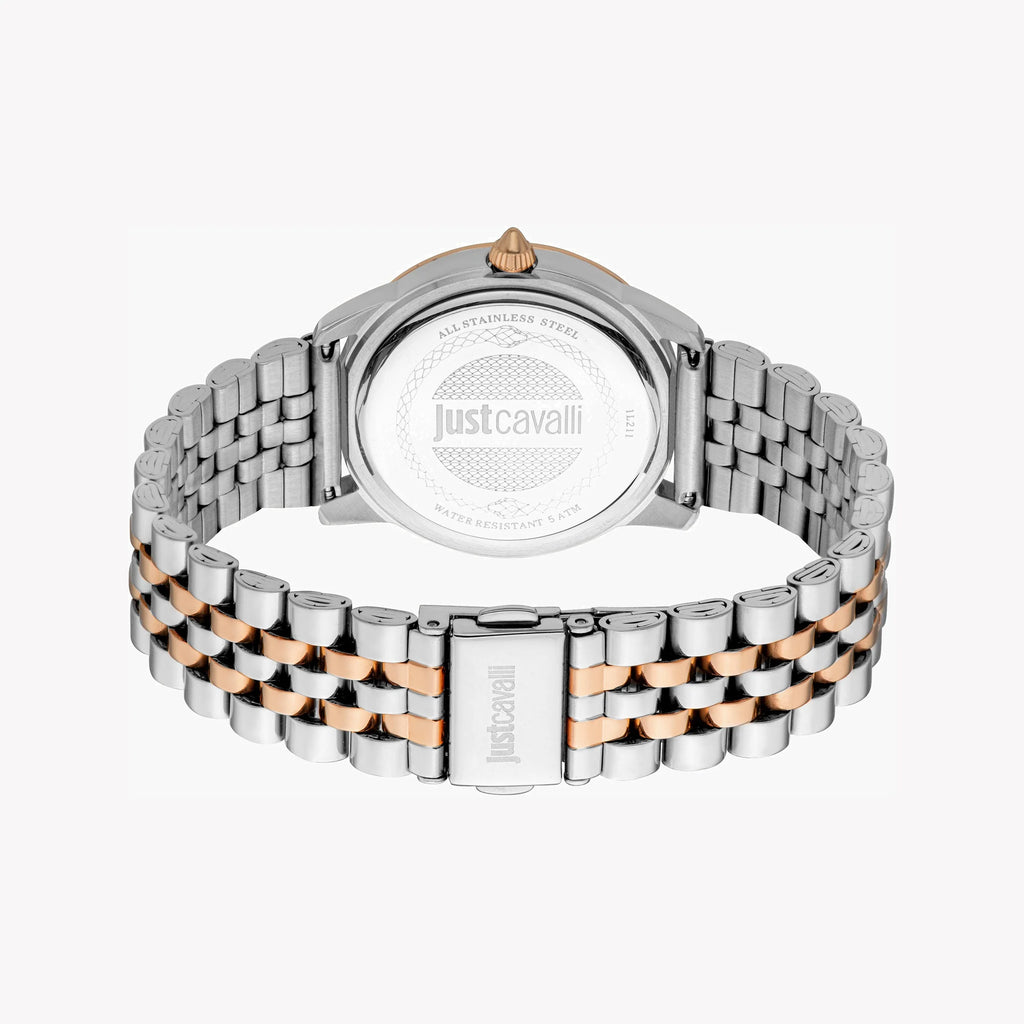 JUST CAVALLI Women's Watch with Silver & Rose Gold Stainless Steel Case and Silver & Rose Gold Stainless Steel Band