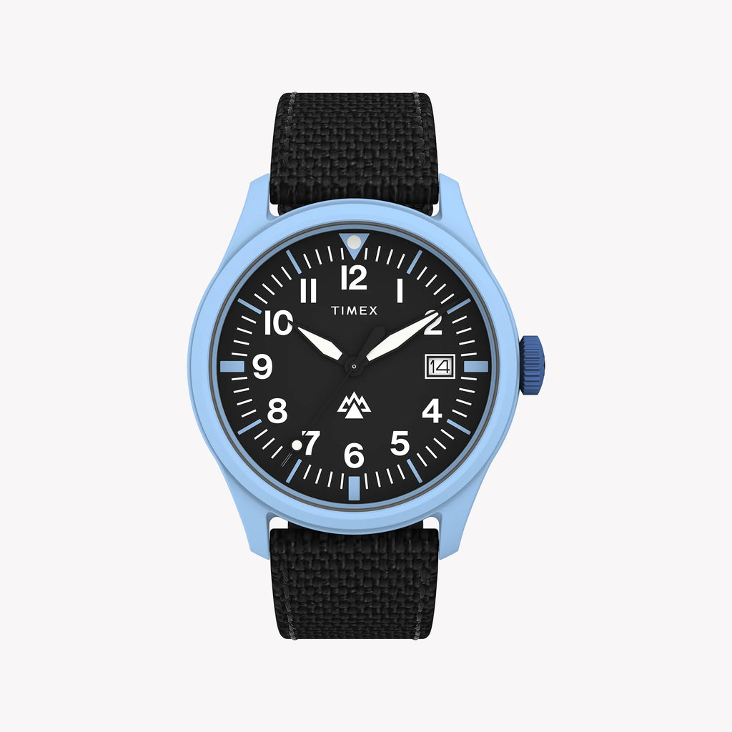 Timex Expedition North Traprock 43mm Blue Case Black Dial Black rPET Fabric Strap TW2W34300 Men's Watch