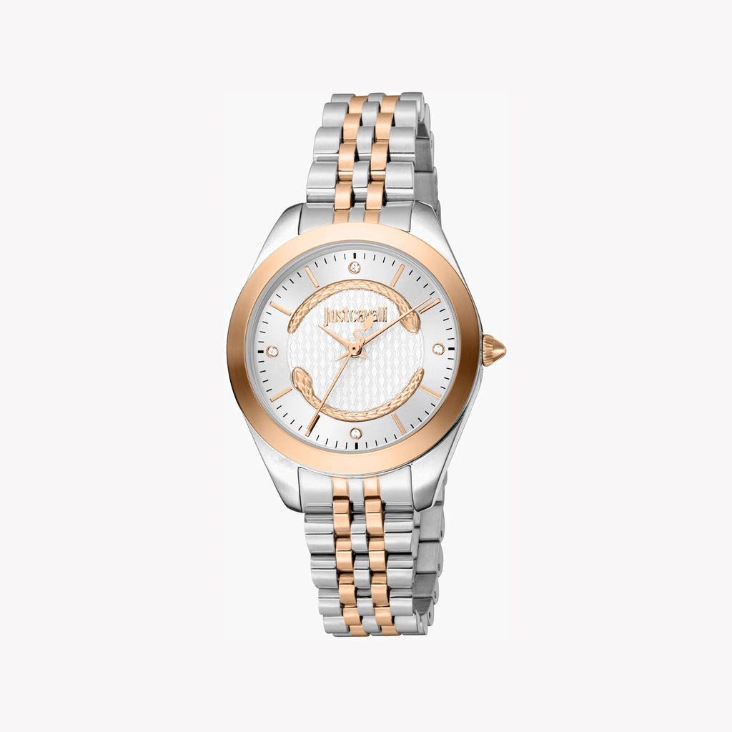 JUST CAVALLI Women's Watch with Silver & Rose Gold Stainless Steel Case and Silver & Rose Gold Stainless Steel Band