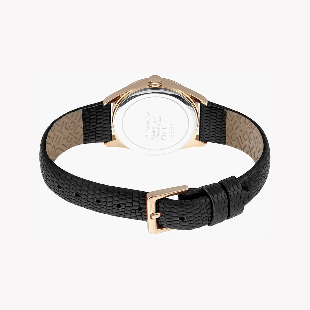 ESPRIT Women's Watch with Rose Gold Stainless Steel Case and Black Leather Band