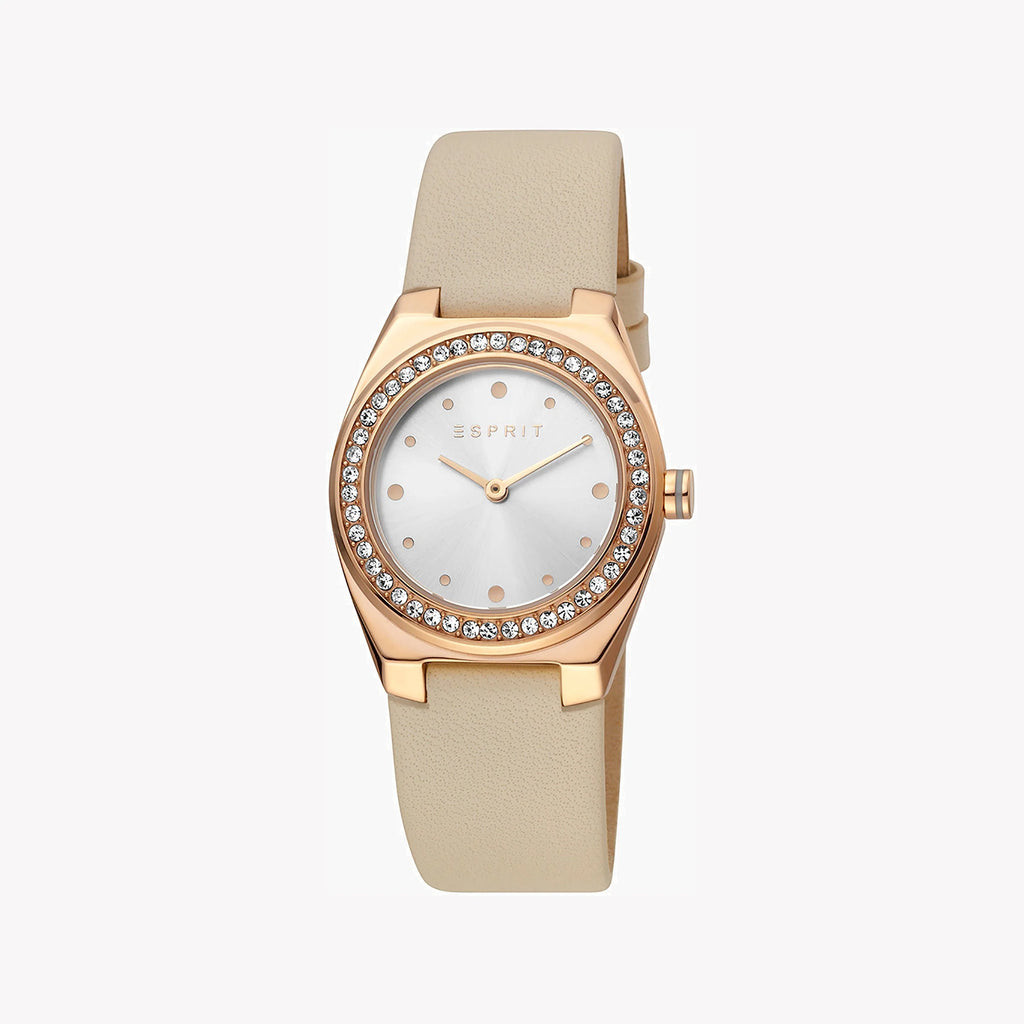 ESPRIT Women's Watch with Rose Gold Stainless Steel Case and Sand Leather Band