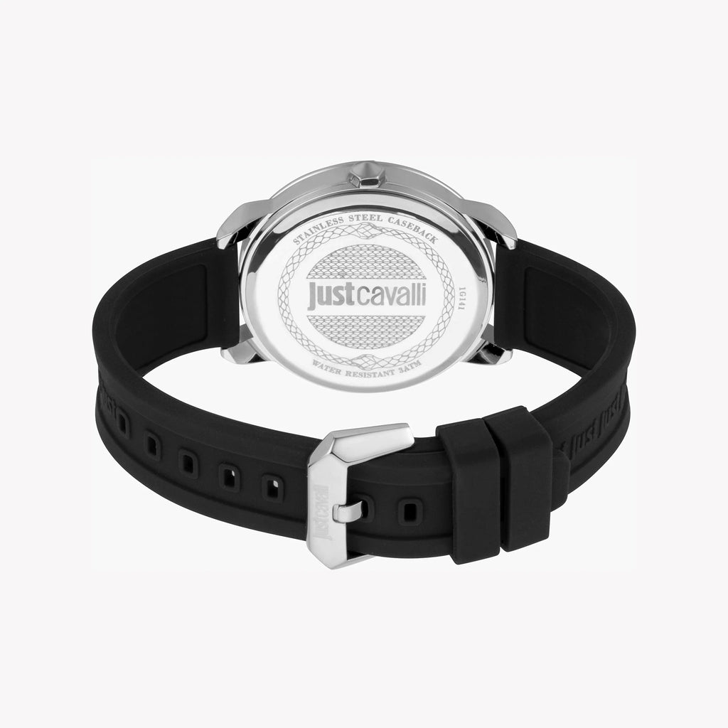 JUST CAVALLI JC1G141P0015 ELEGANT BLACK DIAL MEN'S WATCH - SILICONE BAND & METAL CASE