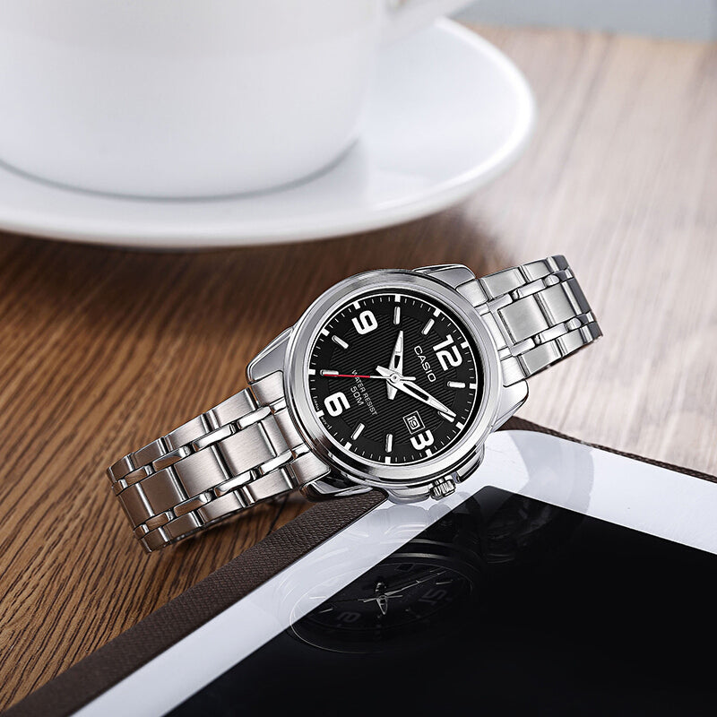 CASIO LTP-1314D-1AVDF - ELEGANT ADVENTURE UNISEX WATCH with silver stainless steel band and bold black dial