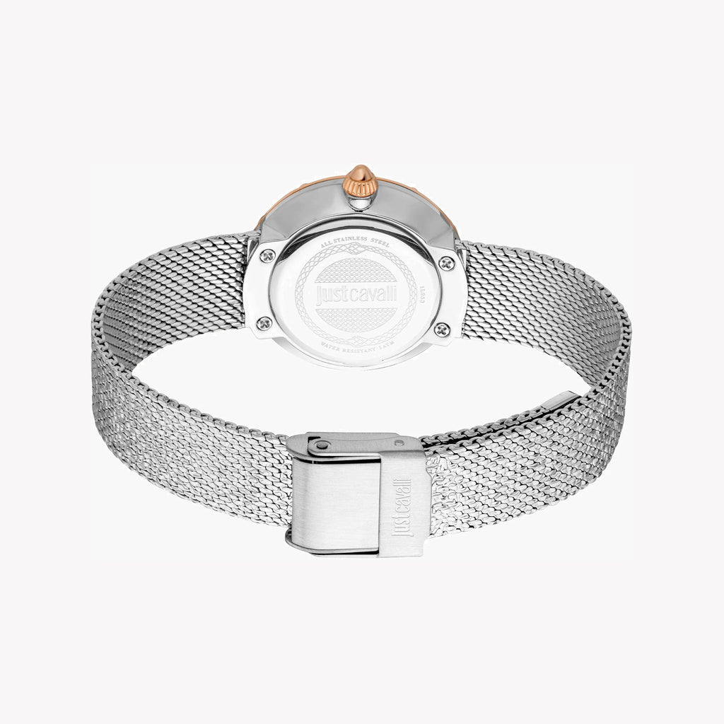 JUST CAVALLI Women's Watch with Silver & Rose Gold Stainless Steel Case and Silver Stainless Steel Band