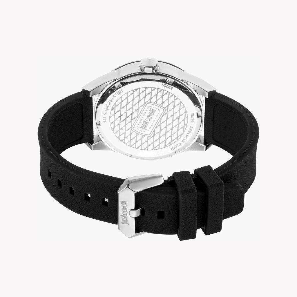 JUST CAVALLI JC1G082P0025 MEN'S WATCH - ELEGANT SILVER & BLACK SILICONE TIMEPIECE