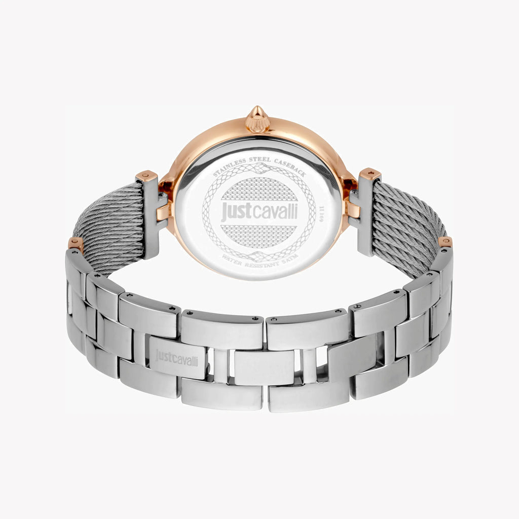 JUST CAVALLI Women's Watch with Silver & Rose Gold Stainless Steel Case and Silver & Rose Gold Stainless Steel Band