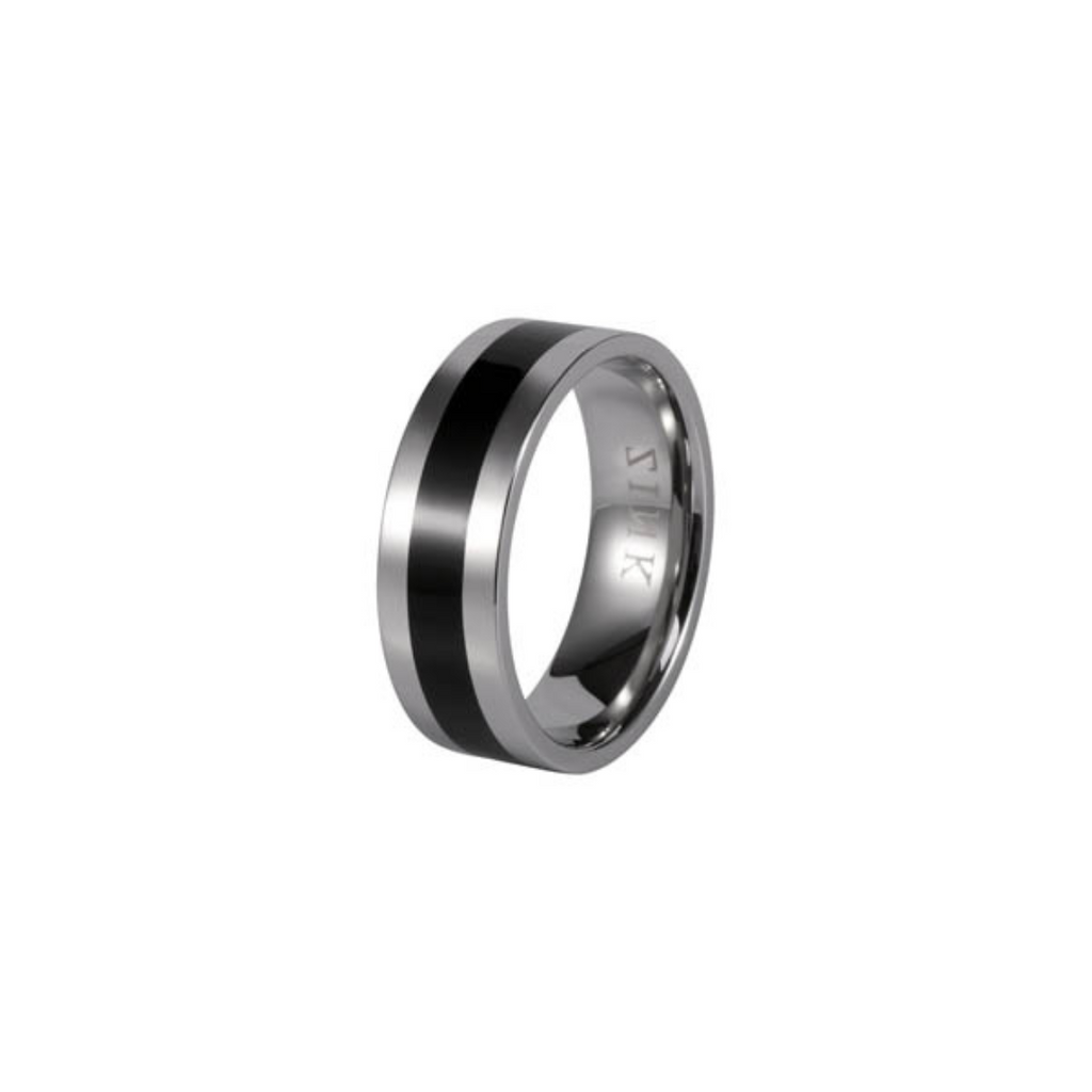 a black and silver ring with a black stripe