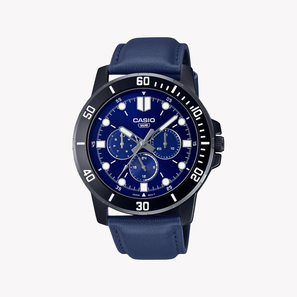 CASIO MTP-VD300BL-2EUDF SPORTY ELEGANCE - MENS BLACK STAINLESS STEEL & BLUE LEATHER WATCH