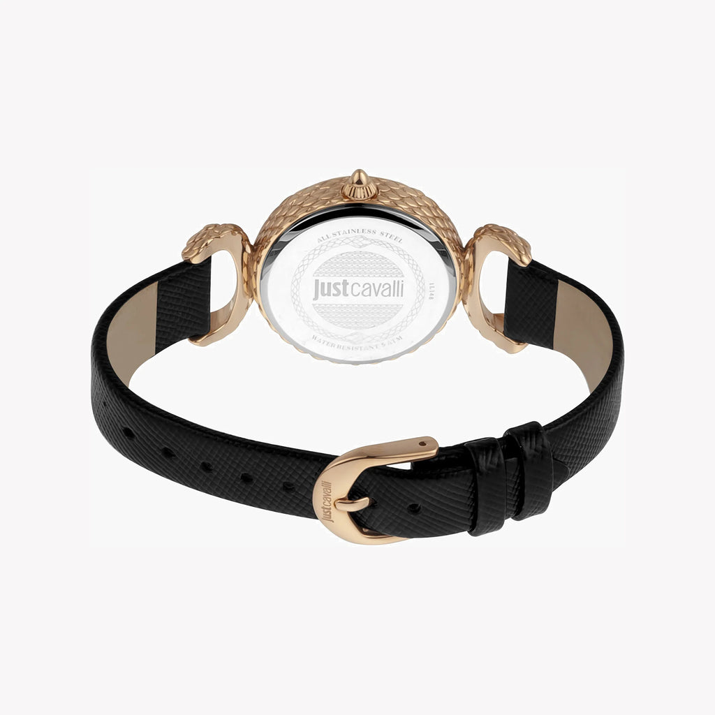 JUST CAVALLI Women's Watch with Rose Gold Stainless Steel Case and Black Leather Band