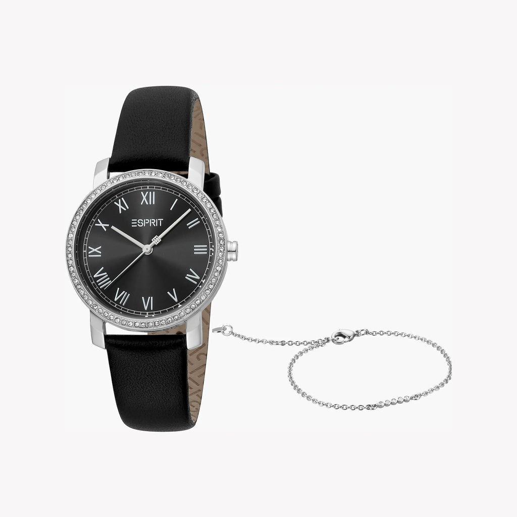 ESPRIT Women's Watch with Silver Stainless Steel Case and Black Leather Band