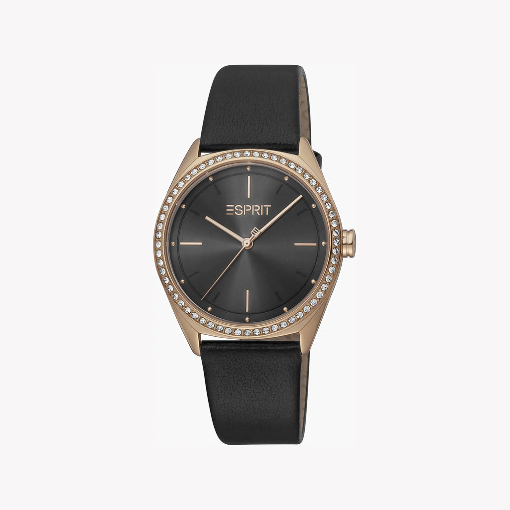ESPRIT Women's Watch with Rose Gold Stainless Steel Case and Black Leather Band