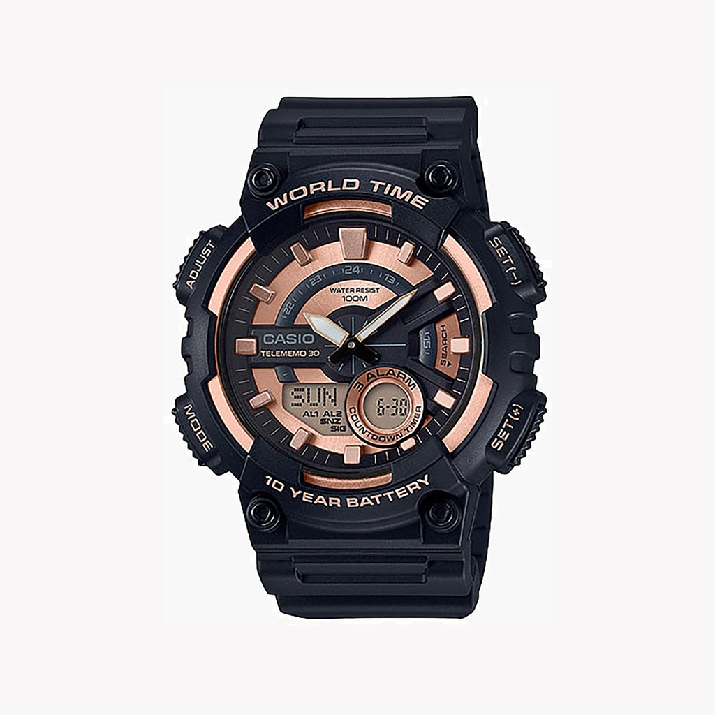 CASIO AEQ-110W-1A3VDF MEN'S SPORTY ELEGANCE - ROSE GOLD & BLACK RESIN TIMEPIECE