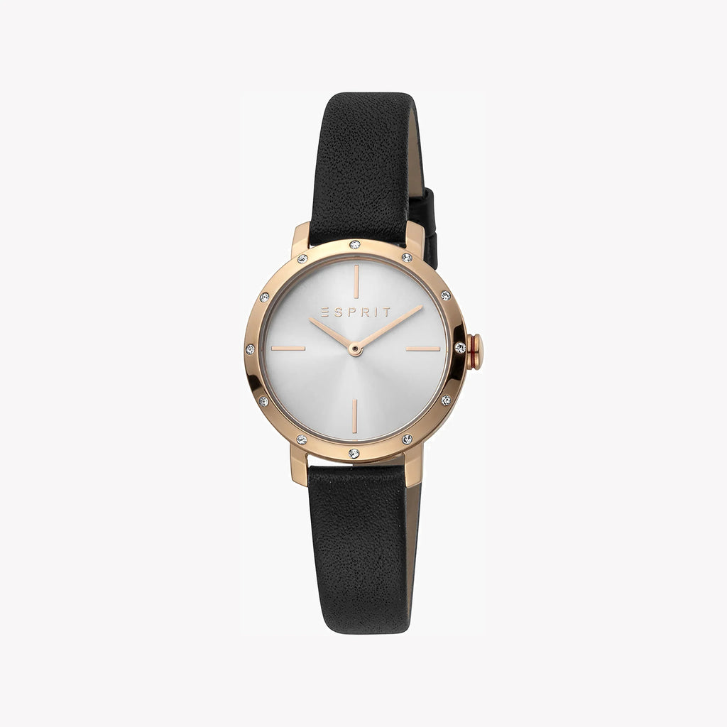 ESPRIT Women's Watch with Rose Gold Stainless Steel Case and Black Leather Band