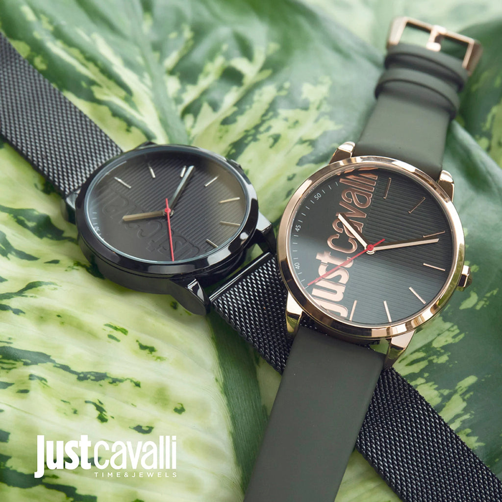 JUST CAVALLI JC1G079L0025 - ELEGANT GREEN DIAL MENS WATCH WITH ROSE GOLD CASE & LEATHER BAND