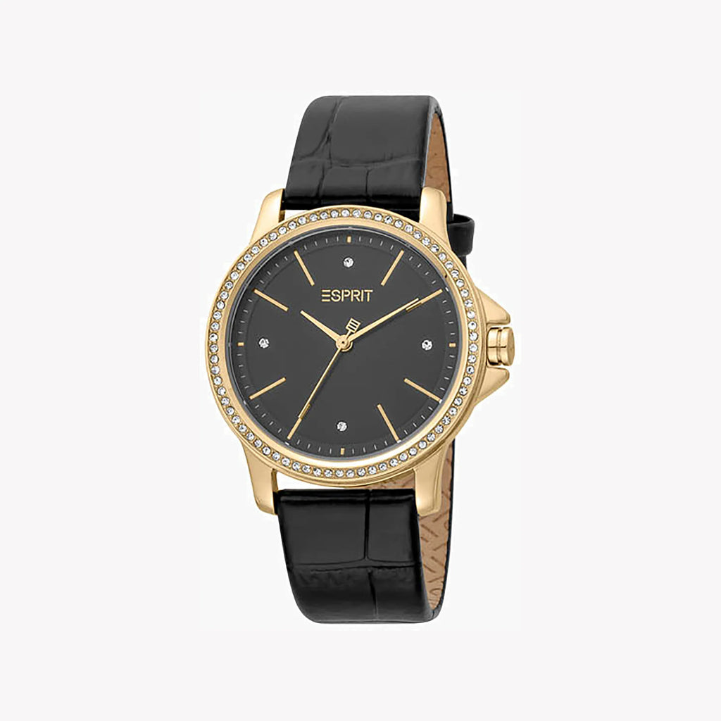 ESPRIT Women's Watch with Gold Stainless Steel Case and Black Leather Band