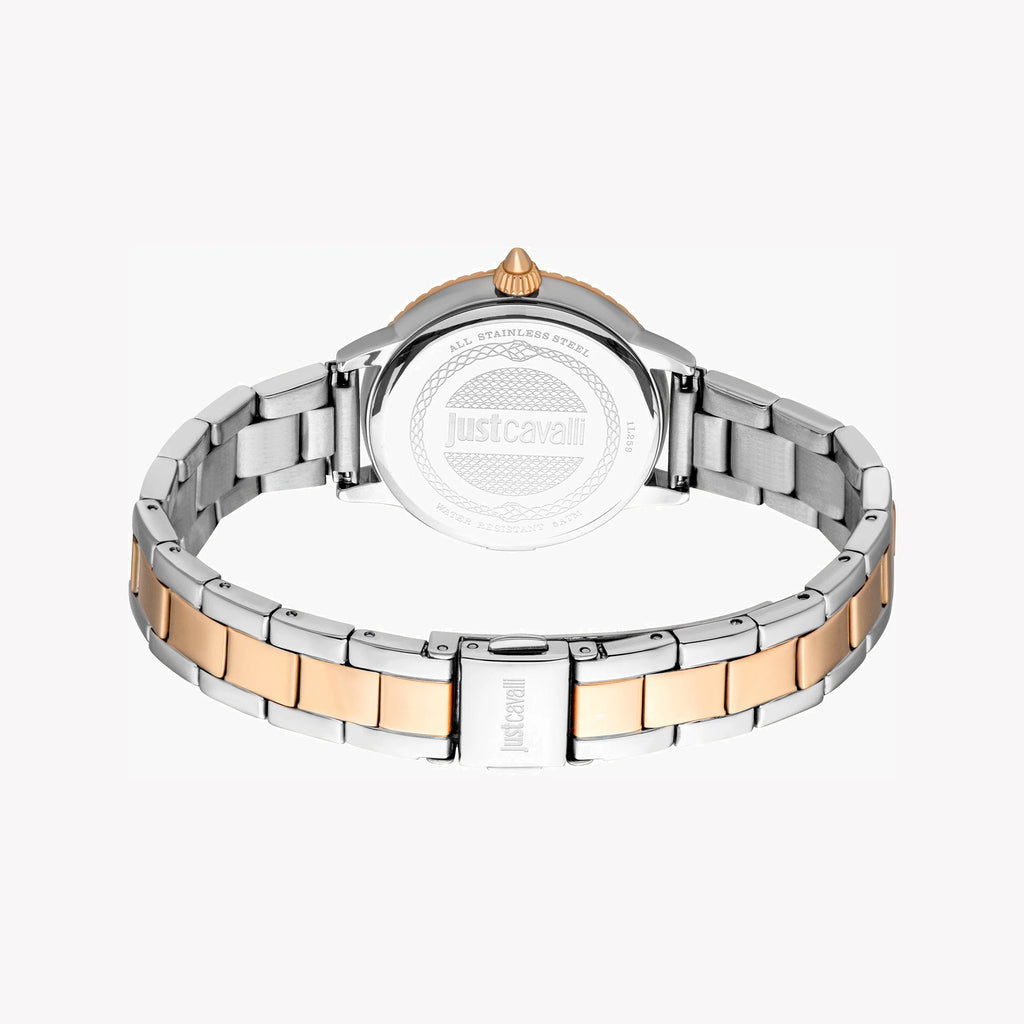 JUST CAVALLI Women's Watch with Silver & Rose Gold Stainless Steel Case and Silver & Rose Gold Stainless Steel Band