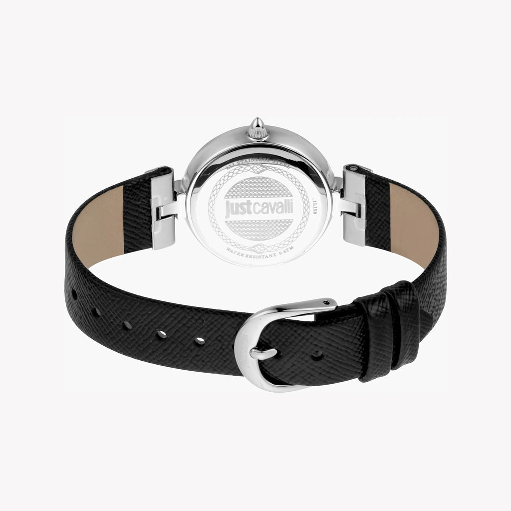 JUST CAVALLI Women's Watch with Silver Stainless Steel Case and Black Leather Band