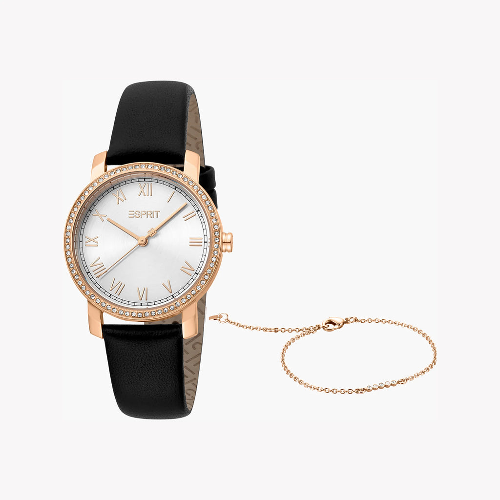 ESPRIT Women's Watch with Rose Gold Stainless Steel Case and Black Leather Band