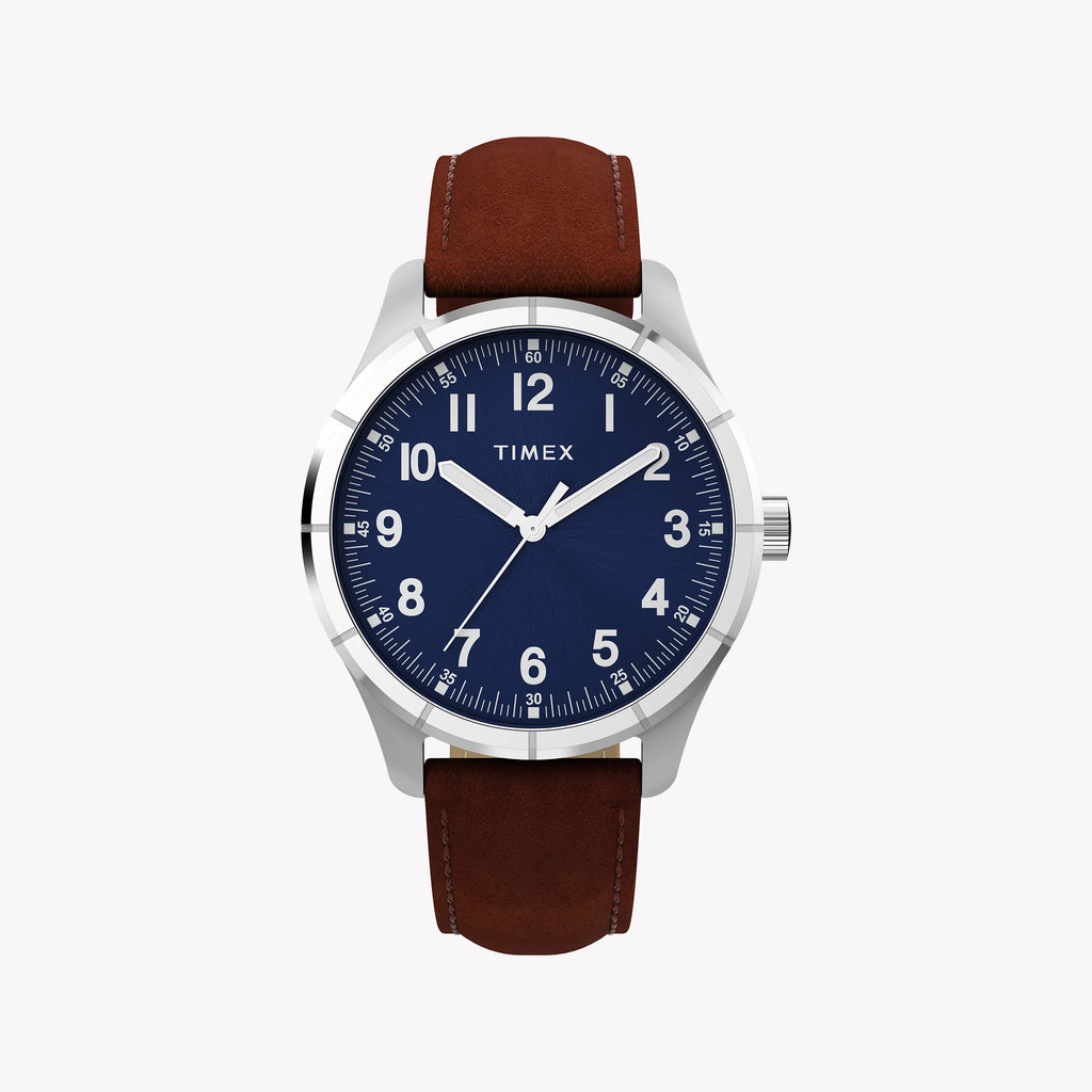 Mens Main Street Silver Tone Case Brown Strap Blue Dial Watch | TW2Y16200
