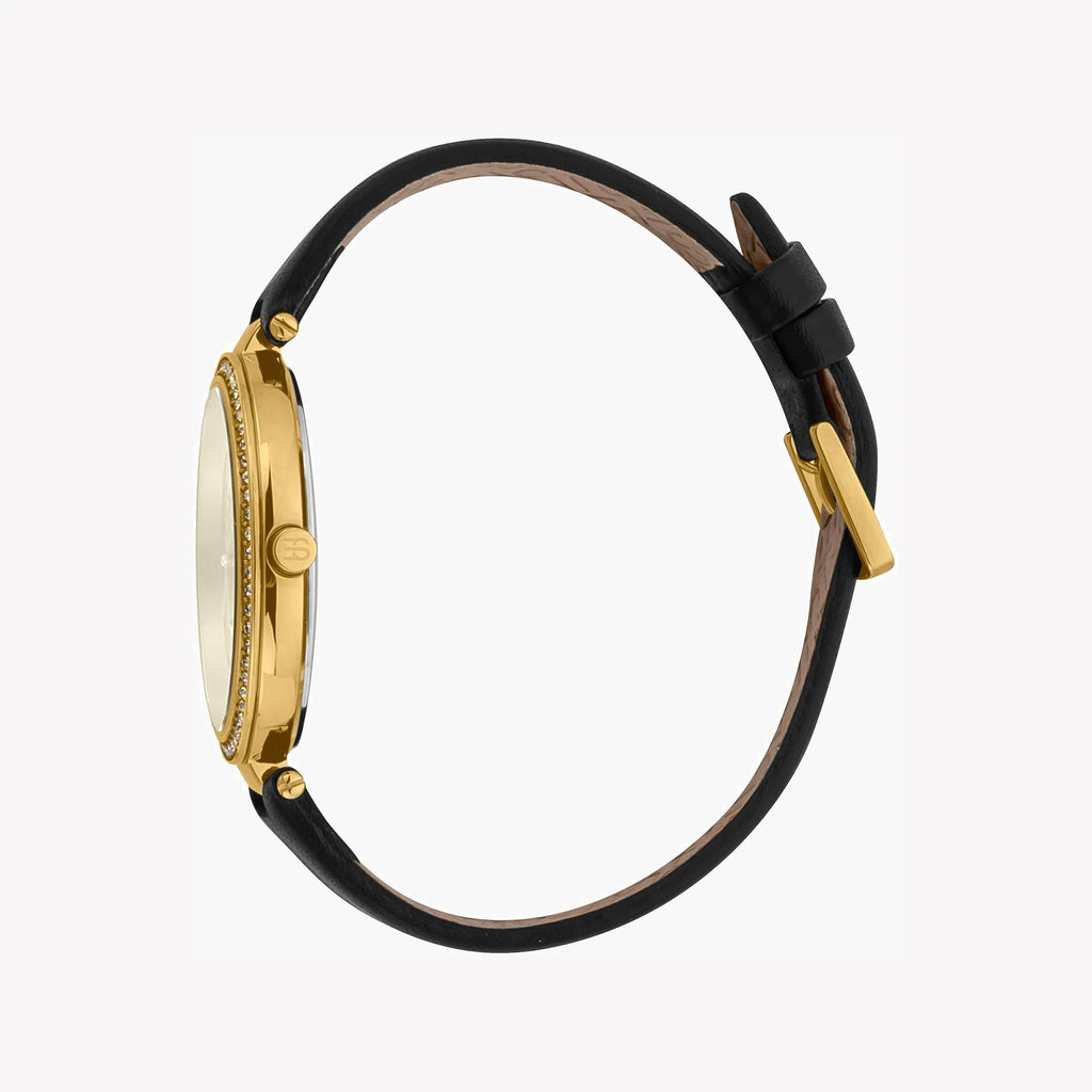 ESPRIT Women's Watch with Gold Stainless Steel Case and Black Leather Band