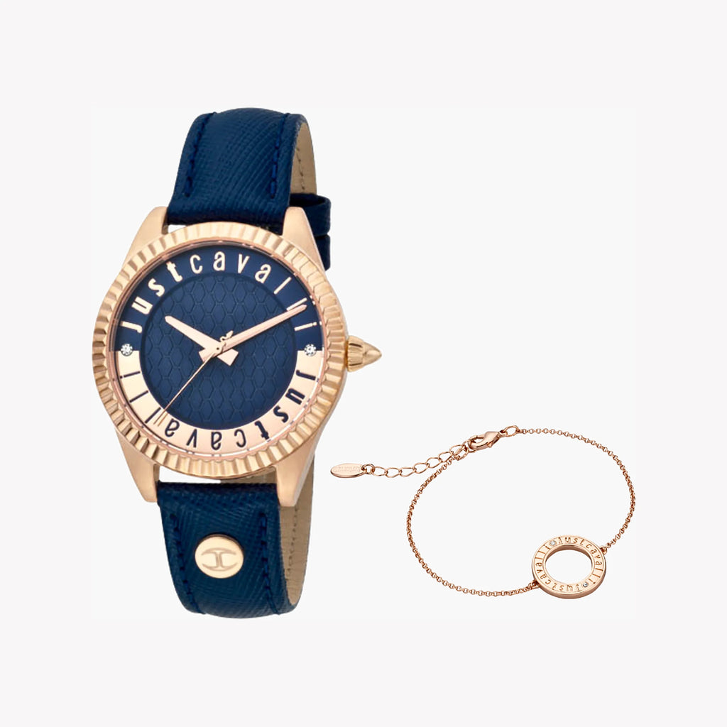 JUST CAVALLI Women's Watch with Rose Gold Stainless Steel Case and Blue Leather Band