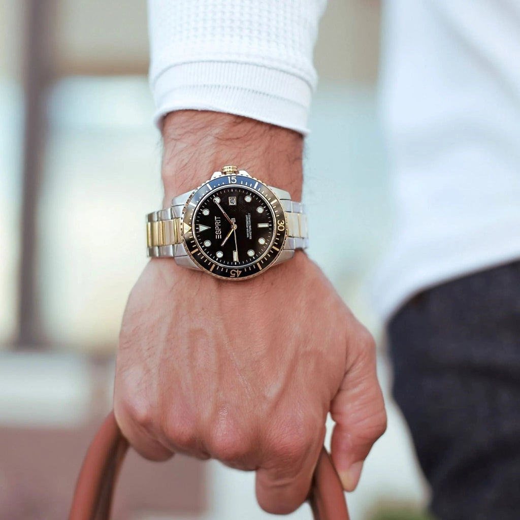 ESPRIT MEN'S ELEGANCE - SILVER & GOLD STAINLESS STEEL WATCH WITH BLACK DIAL