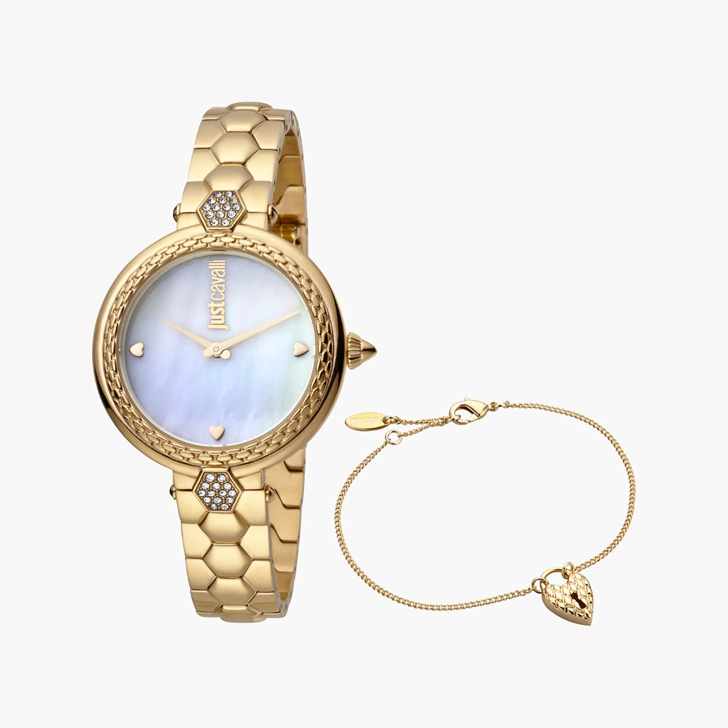 JUST CAVALLI Women's Watch with Silver Stainless Steel Case and Gold Stainless Steel Band