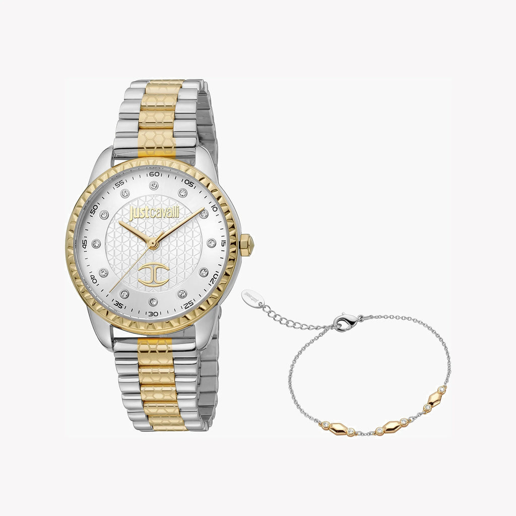 JUST CAVALLI Women's Watch with Silver Stainless Steel Case and Silver & Gold Stainless Steel Band