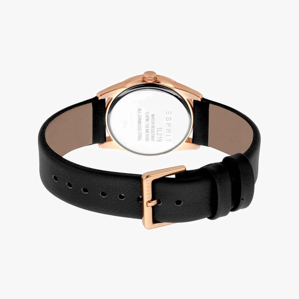 ESPRIT Women's Watch with Rose Gold Stainless Steel Case and Black Leather Band