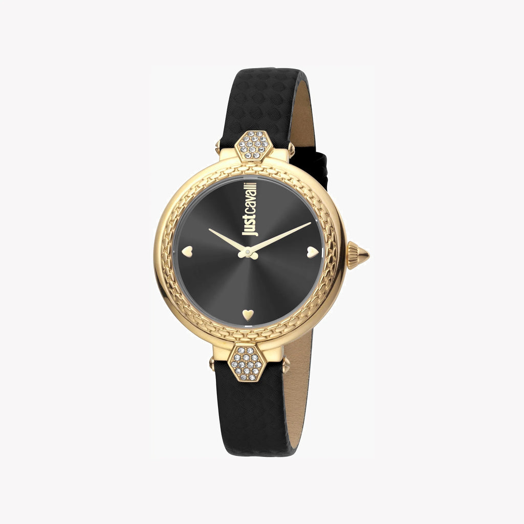 JUST CAVALLI Women's Watch with Gold Stainless Steel Case and Black Leather Band