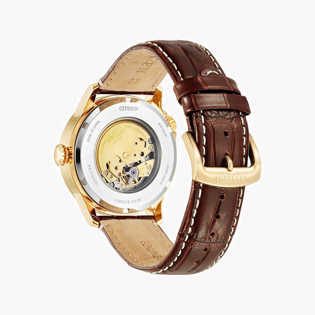 CITIZEN NJ0143-19E - BOLD SOPHISTICATION MEN'S AUTOMATIC WATCH WITH GOLD TONE & BROWN LEATHER BAND