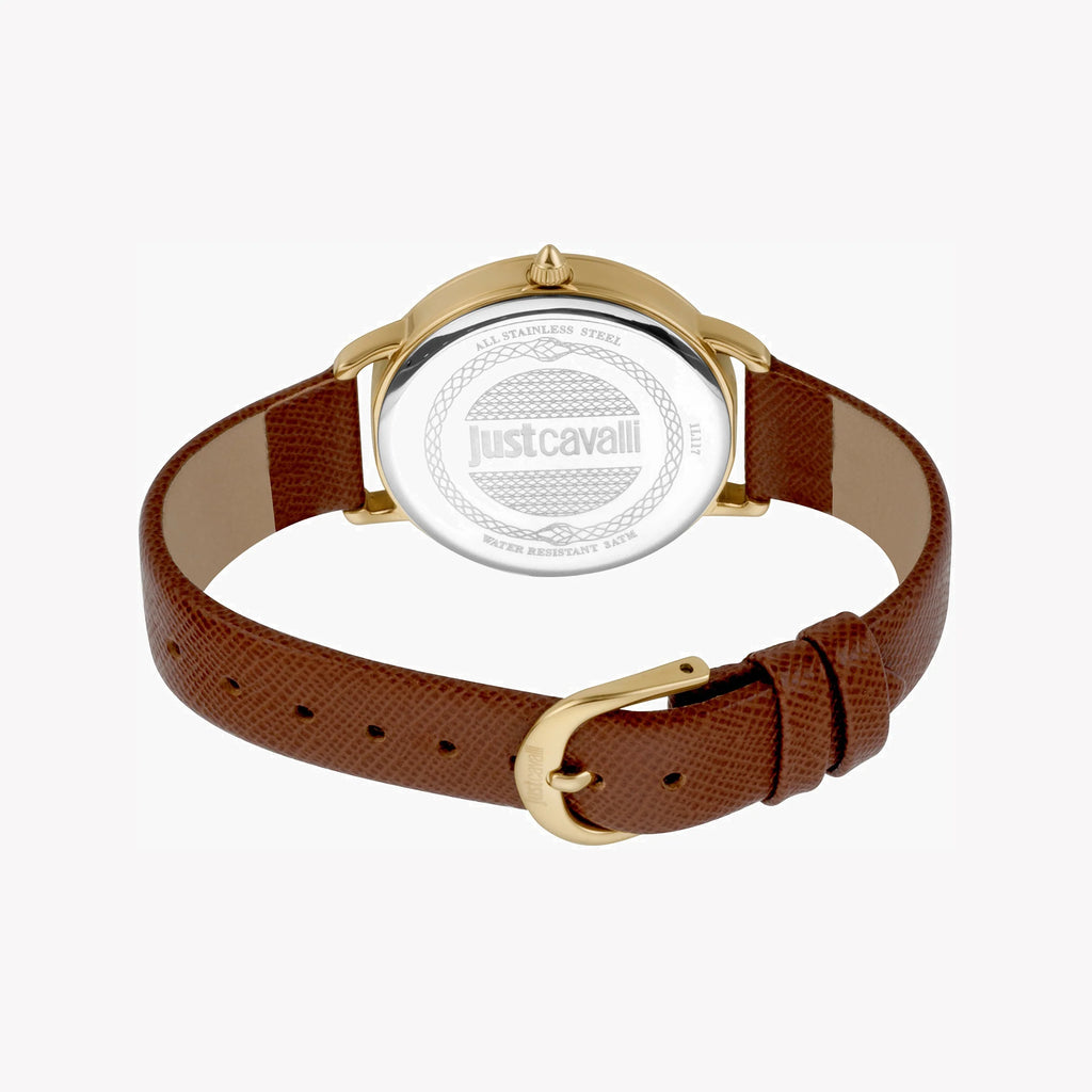 JUST CAVALLI Women's Watch with Gold Stainless Steel Case and Brown Leather Band