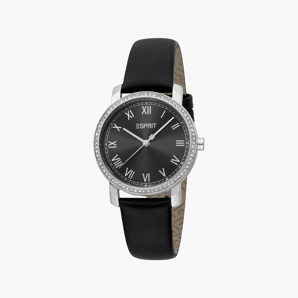 ESPRIT Women's Watch with Silver Stainless Steel Case and Black Leather Band