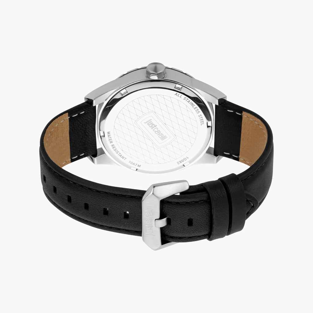 JUST CAVALLI JC1G082L0525 - ELEGANT BLACK DIAL MEN'S WATCH WITH LEATHER BAND & STAINLESS STEEL CASE