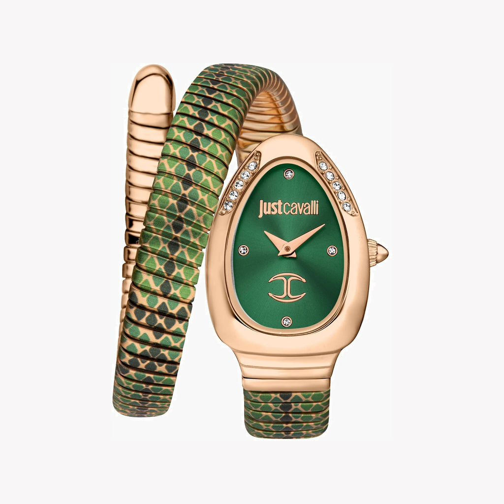JUST CAVALLI Women's Watch with Rose Gold Stainless Steel Case and Green & Rose Gold & Black Stainless Steel Band