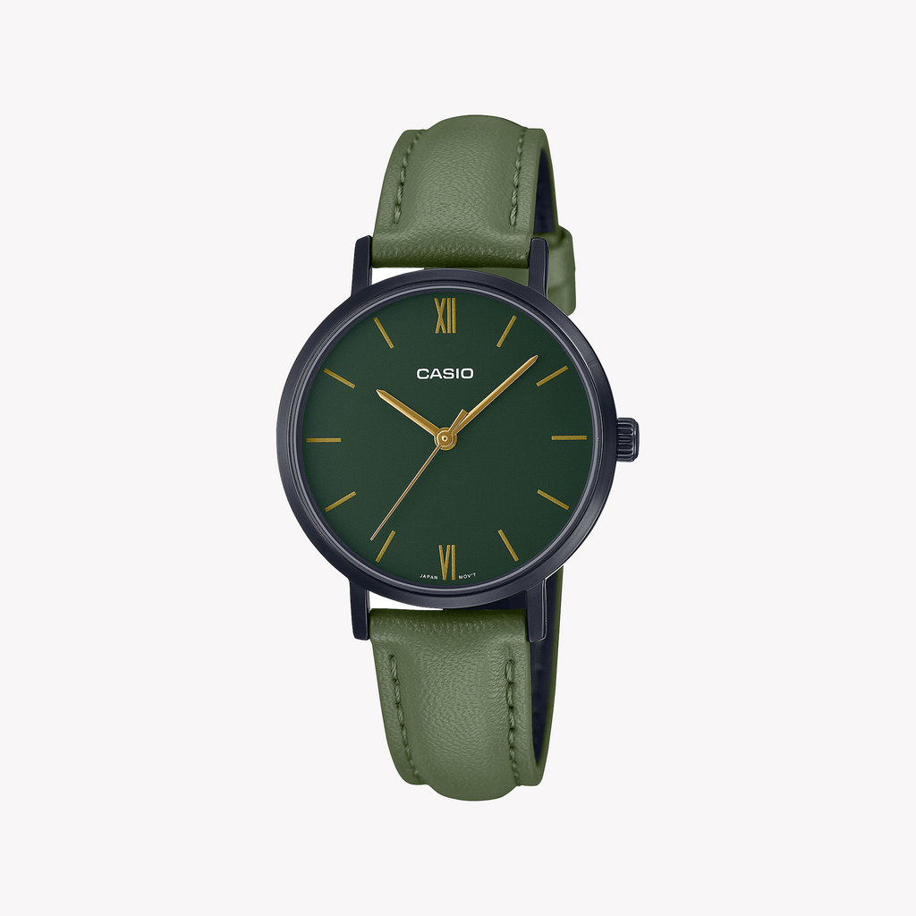 CASIO LTP-VT02BL-3AUDF ADVENTURE READY - SPORTY ELEGANCE WOMEN'S WATCH with black stainless steel and vibrant green leather band