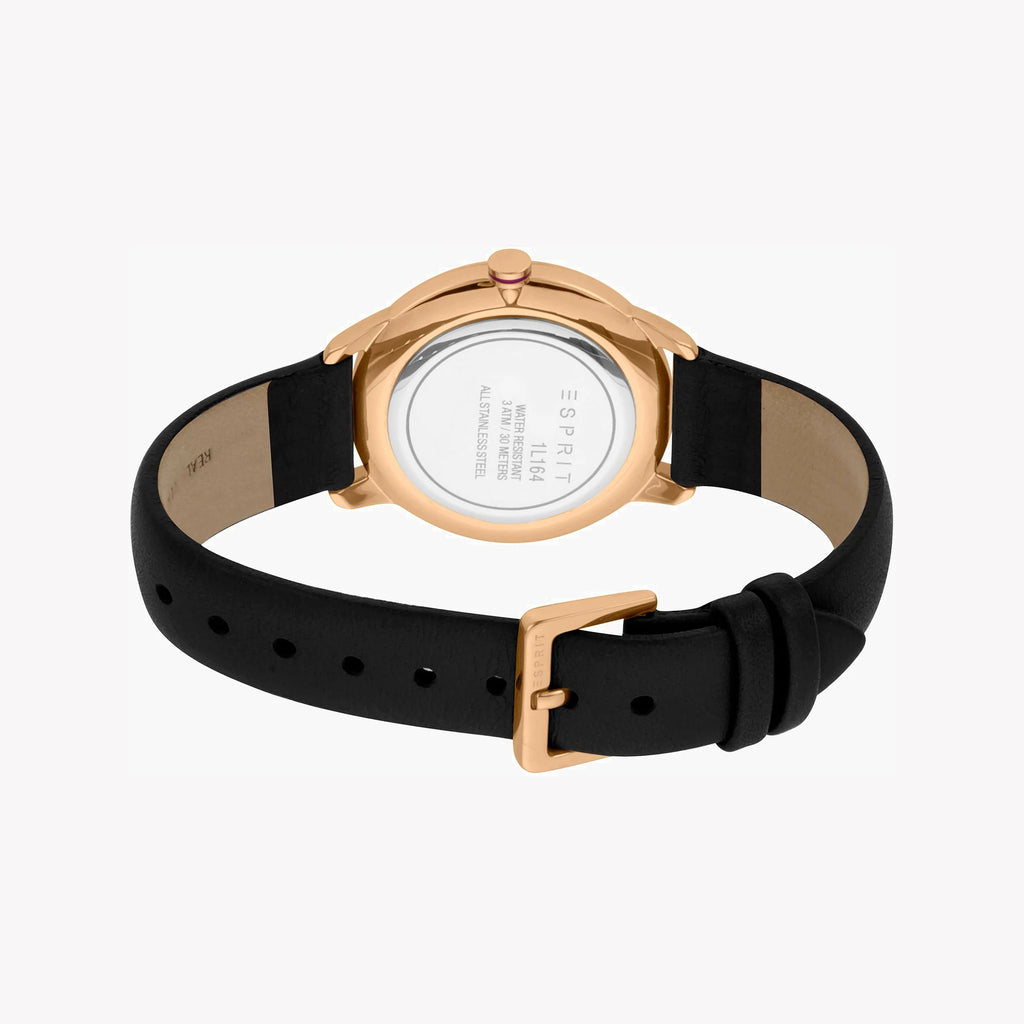 ESPRIT Women's Watch with Rose Gold Stainless Steel Case and Black Leather Band